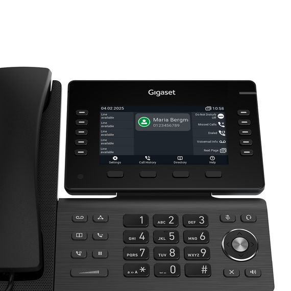 Gigaset P850W IP PRO teléfono de sobremesa en negro con gran pantalla a color y teclado funcional.