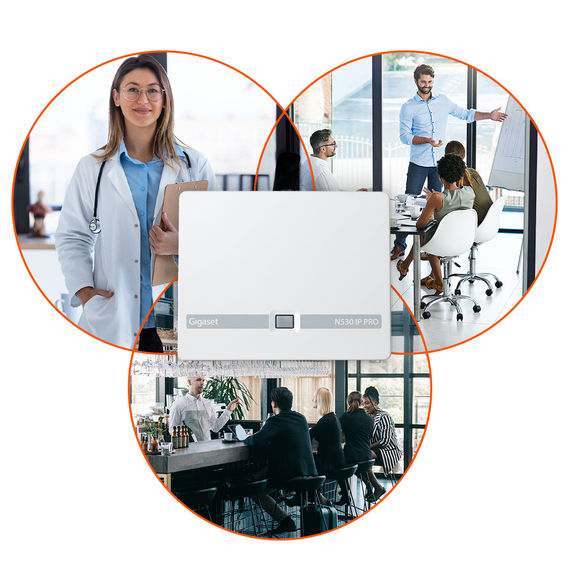 Gigaset N530 IP PRO con immagini di uno studio medico, un ufficio e un ristorante